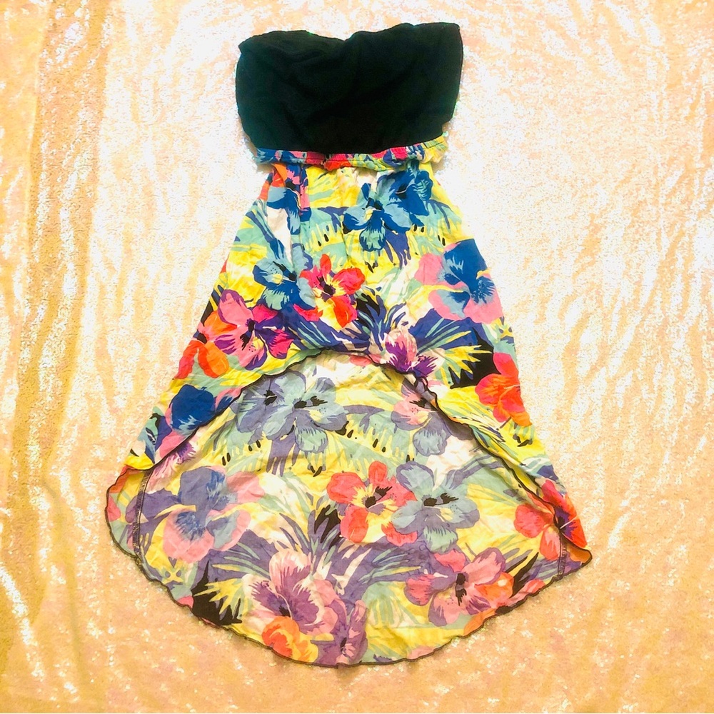 Body Central high low strapless dress black top colorful flower bodice medium